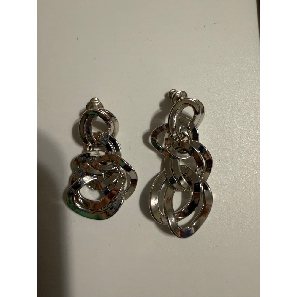 Monet Silver Tone Interlocking Link Drop Earrings Statement Dangle Post Back